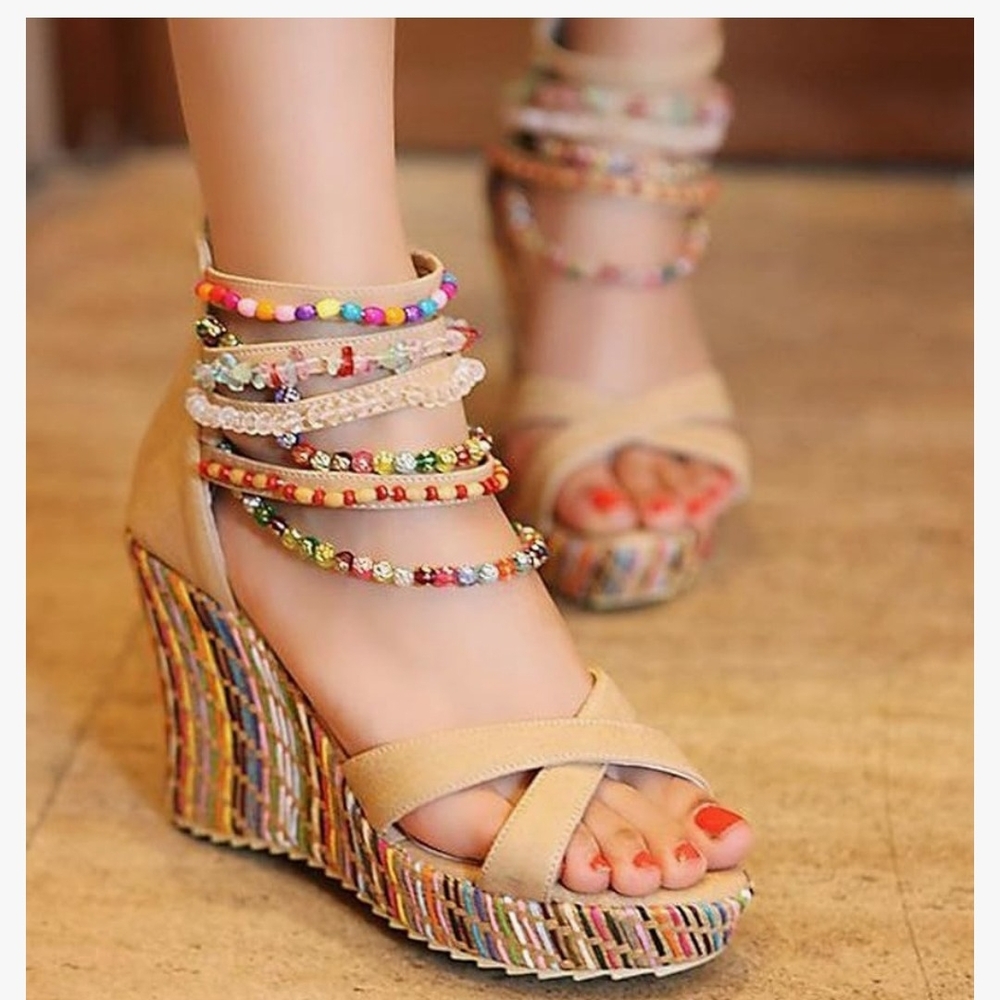 Cream Platform Sandals with Beaded Ankle Straps